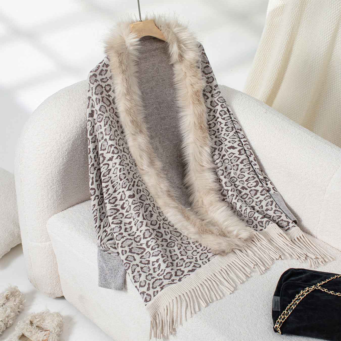Leopard Print Fur Collar Loose Batwing Sleeve Sweater Cape Cardigan Women (one size fits all)