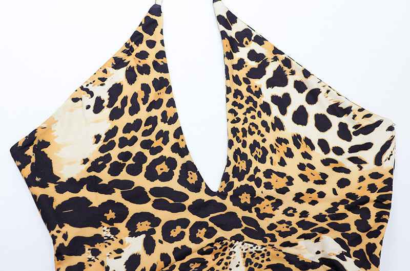 Leopard Print Sexy Cross Halter Cutout out Bare Back Jumpsuit