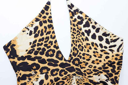 Leopard Print Sexy Cross Halter Cutout out Bare Back Jumpsuit
