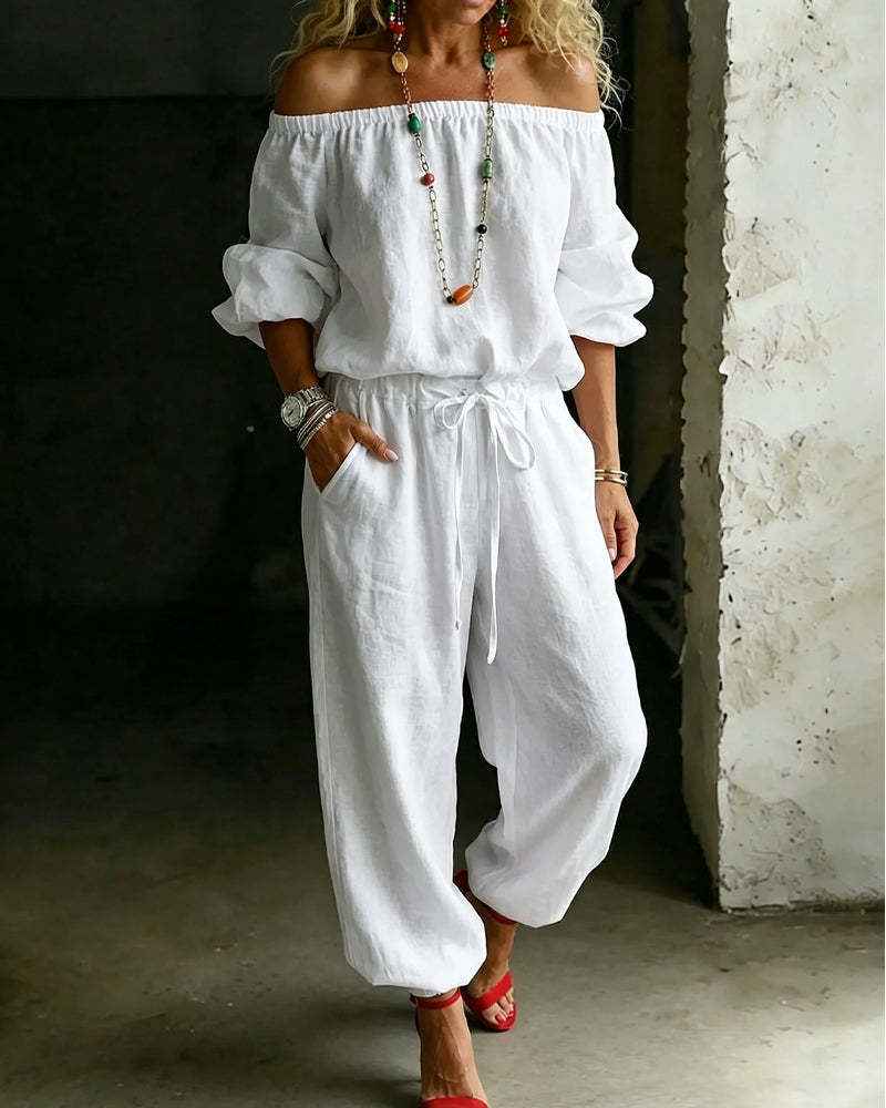 Summer Off Shoulder Top Casual Drawstring Jumpsuit for Women