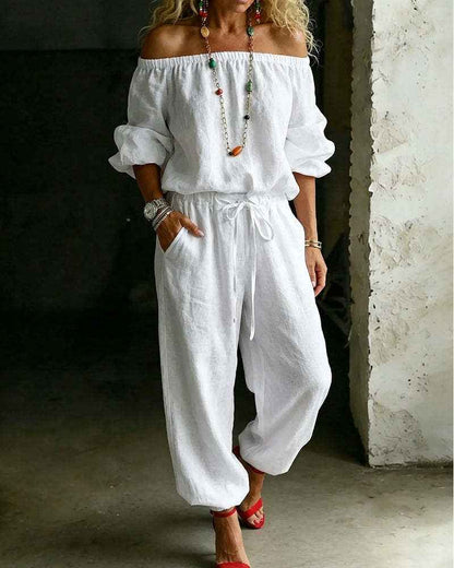 Summer Off Shoulder Top Casual Drawstring Jumpsuit for Women
