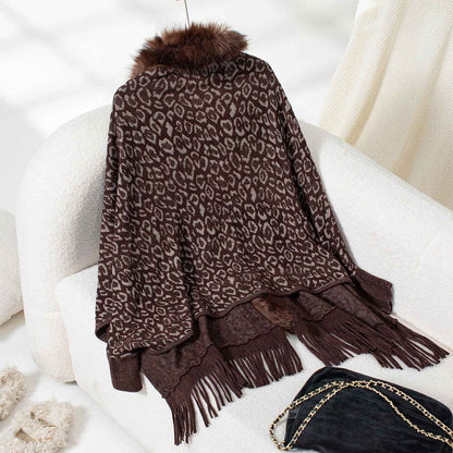 Leopard Print Fur Collar Loose Batwing Sleeve Sweater Cape Cardigan Women (one size fits all)