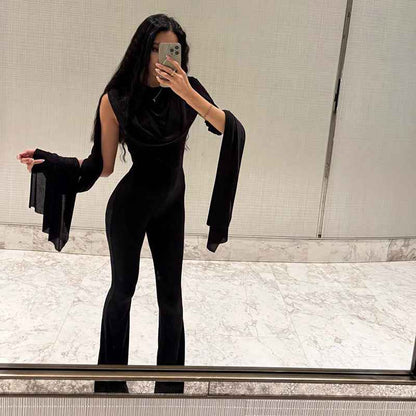 Elegant round Collar Gauze Ribbon Jumpsuit
