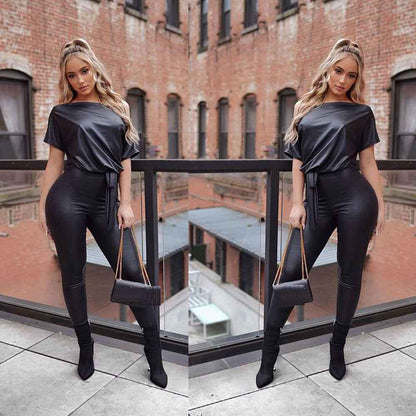 Off The Shoulder Slim Fit One Piece Leather Jumpsuit