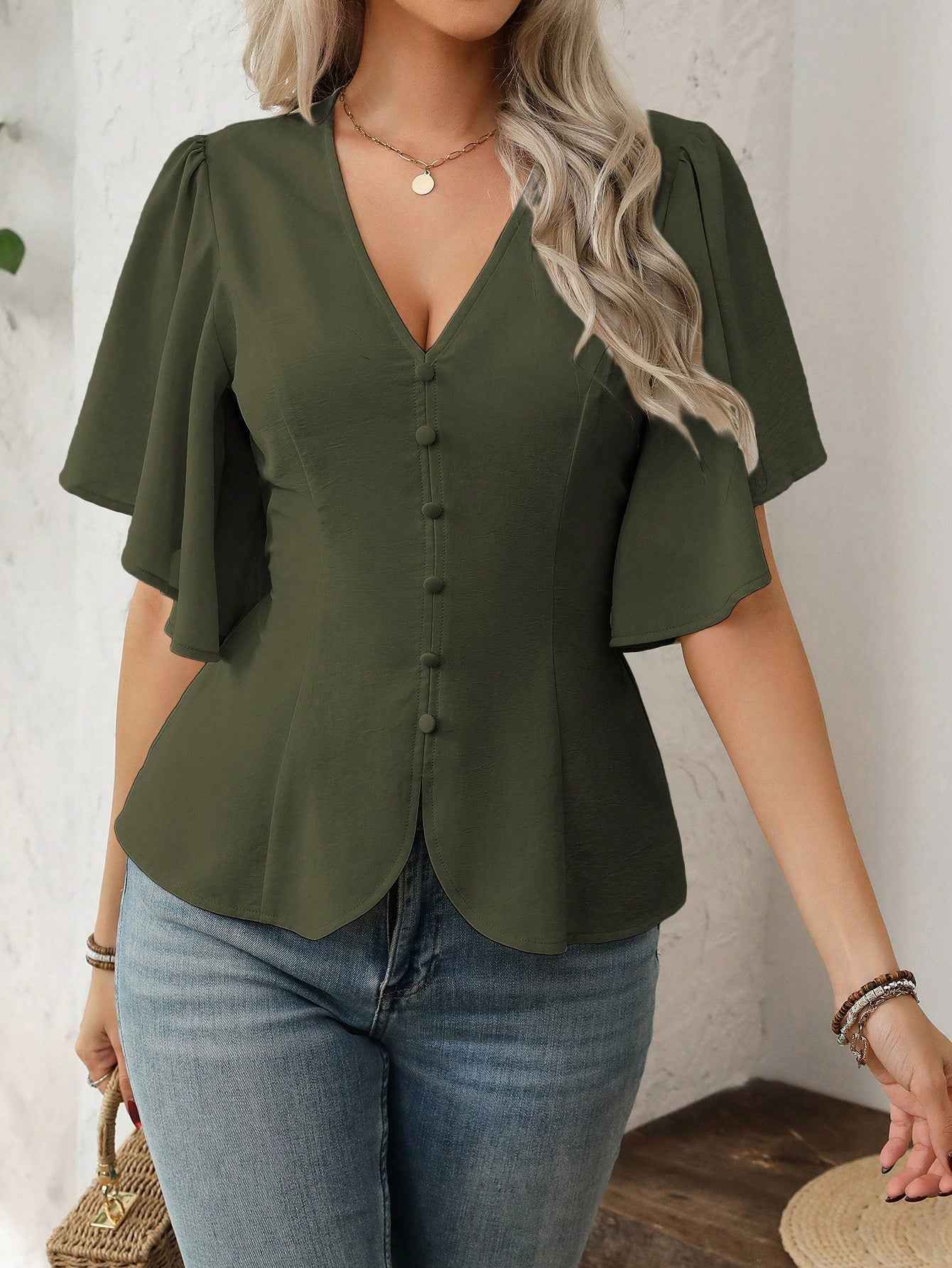 Elegant Solid Color Blouse