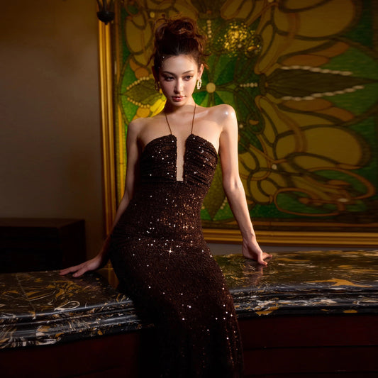 Elegant Halter Sequ Slim Dress