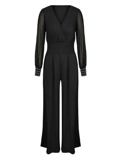 V neck Mesh Stitching Rivet Long Sleeve Loose Jumpsuit