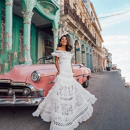 Ruffled Hollow Out Cutout Wide Hem Lace Long Dress