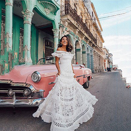Ruffled Hollow Out Cutout Wide Hem Lace Long Dress