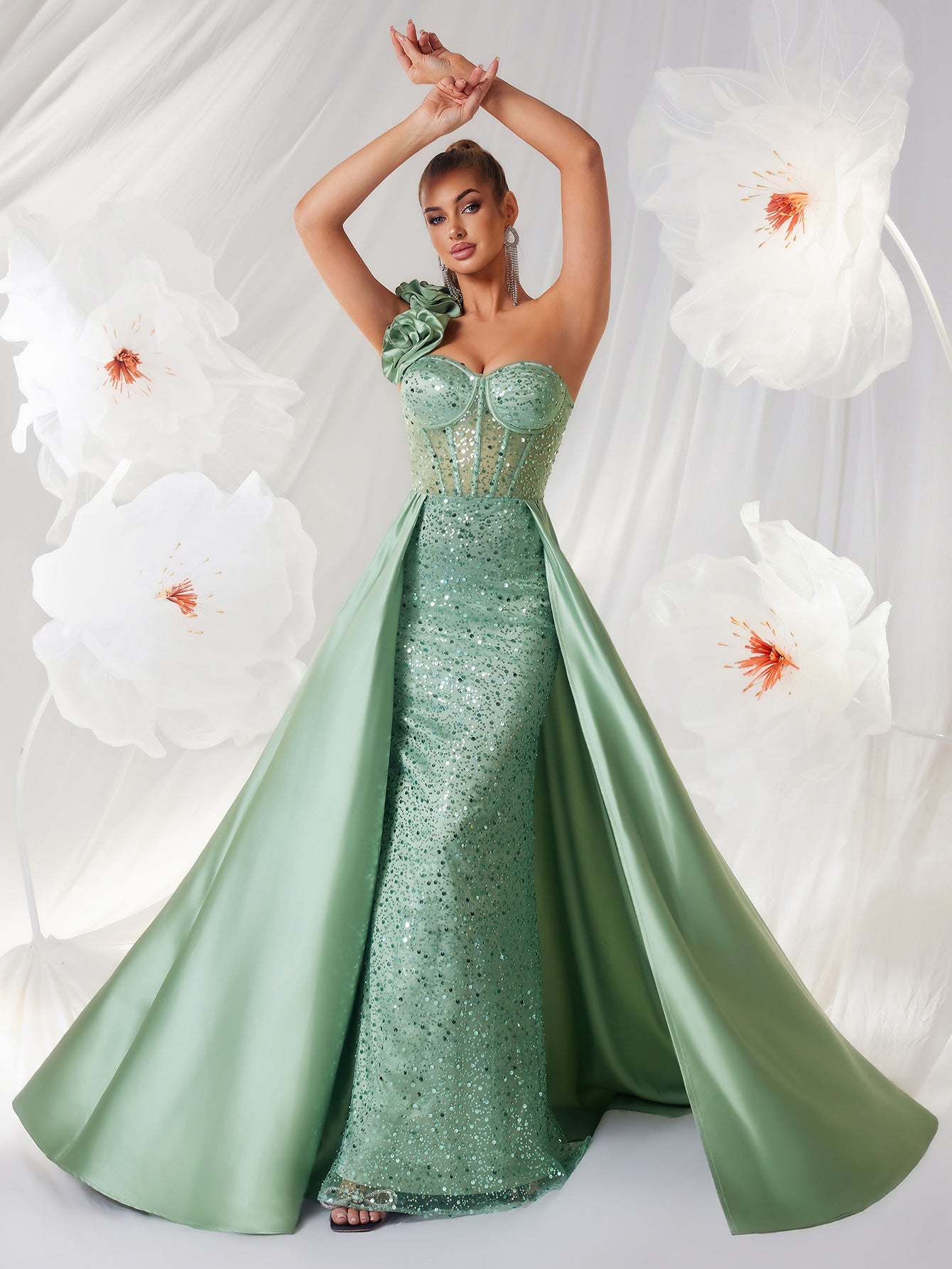 "The Socialite" Elegant Green Tube Top One Shoulder Evening Dress Three Dimensional Floral Pattern