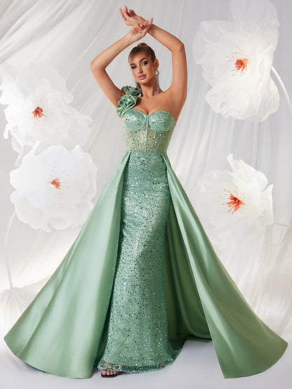 "The Socialite" Elegant Green Tube Top One Shoulder Evening Dress Three Dimensional Floral Pattern