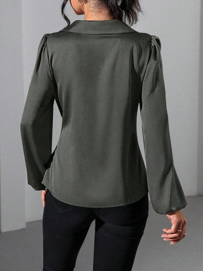 Long Sleeved Satin Lace up Cinched Blouse