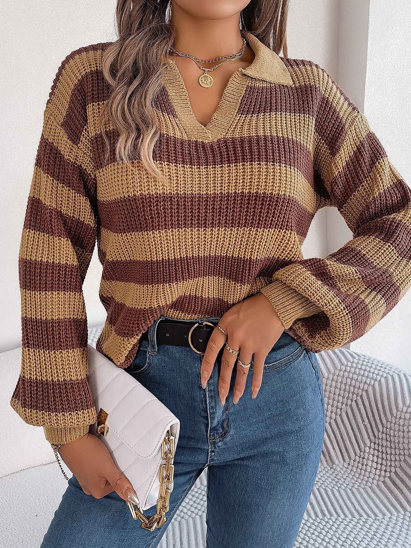 Casual Collar Contrast Color Long Sleeve Knitted Pullover Sweater