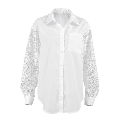 Lace Stitching Hollow Out Long Sleeve Collared Blouse