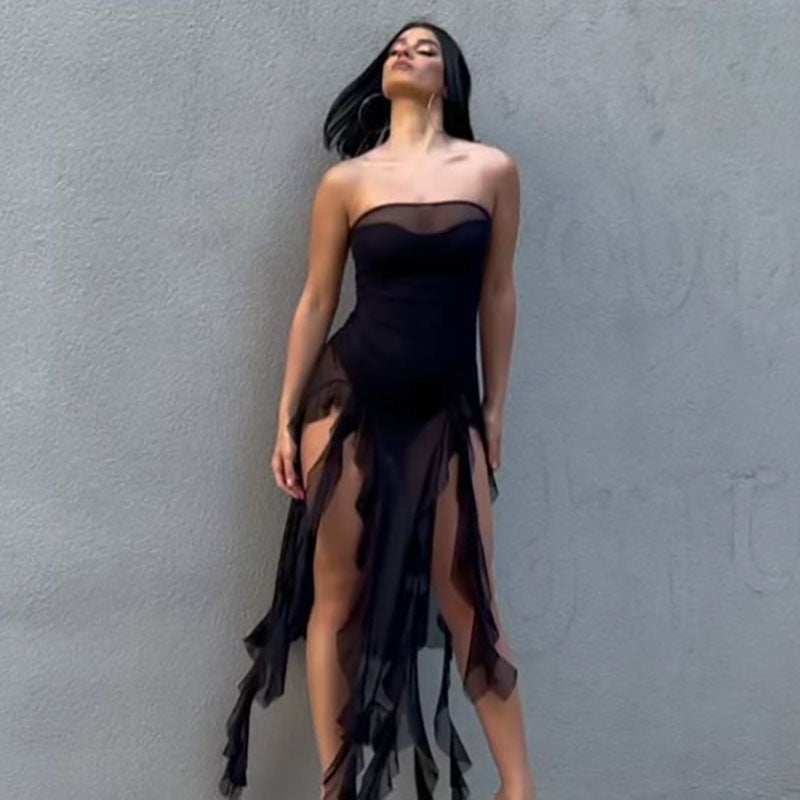 Tube Top See through Net Stitching Jellyfish Lace Dress