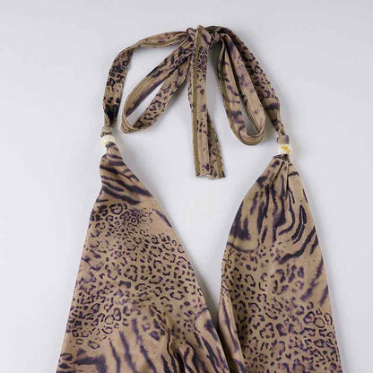 Leopard Print Lace up Halterneck Sexy Two Piece Bottoms Sets