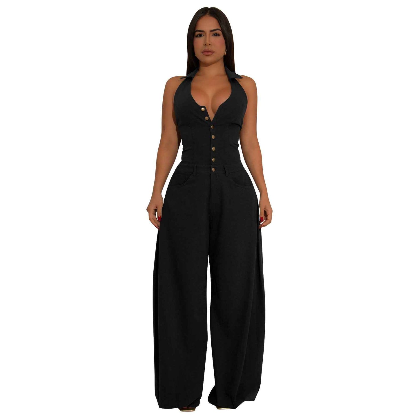 Sleeveless Backless Casual Jumpsuit w Pockets