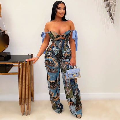Women's Printed Romper Pattern Strap Drawstring Multi-pocket Bodysuit - Munsieur
