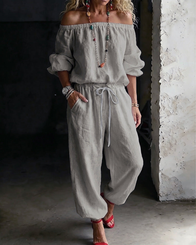 Summer Off Shoulder Top Casual Drawstring Jumpsuit for Women