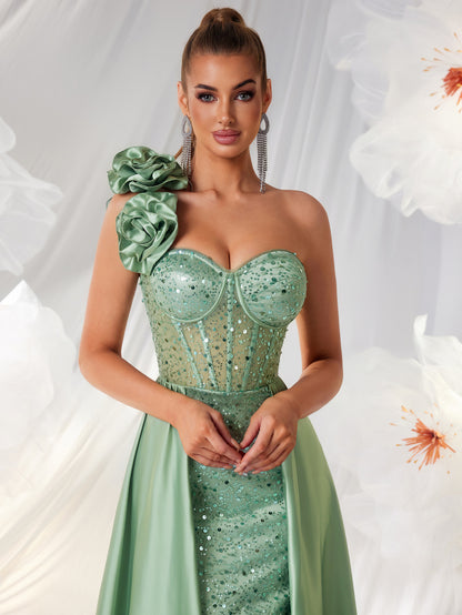 "The Socialite" Elegant Green Tube Top One Shoulder Evening Dress Three Dimensional Floral Pattern