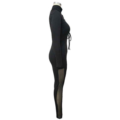 Sexy Lace Up Stitching See Through Long Sleeve Jumpsuit