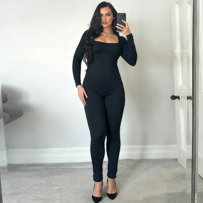Backless Lace up Long Sleeve Solid Color Hip Lifting Jumpsuit