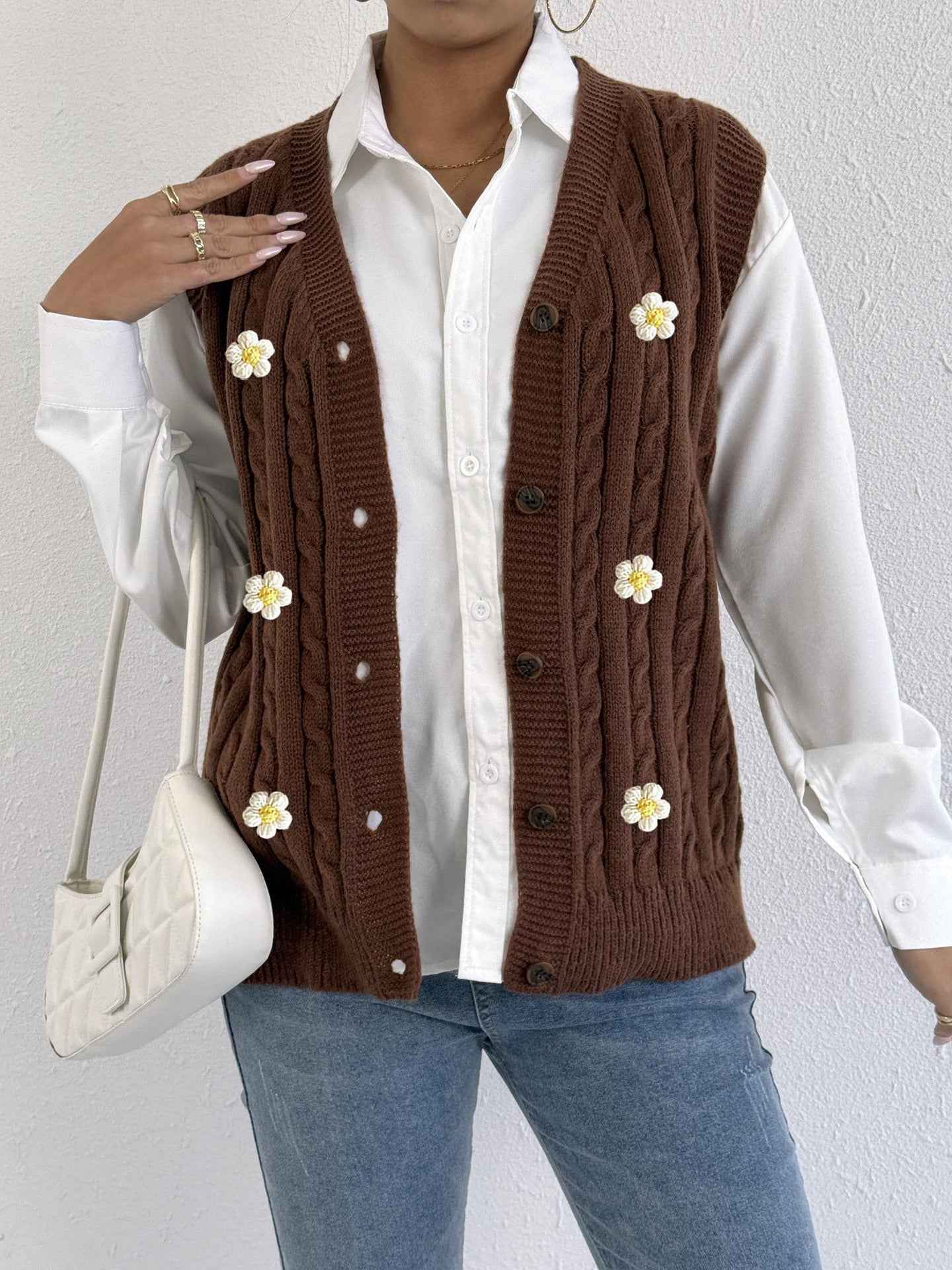 Sweater Vest Twist Woven Three Dimensional Floral Stitching (Small Only)