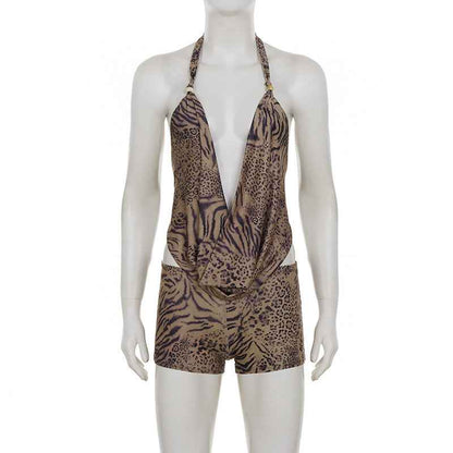 Leopard Print Lace up Halterneck Sexy Two Piece Bottoms Sets