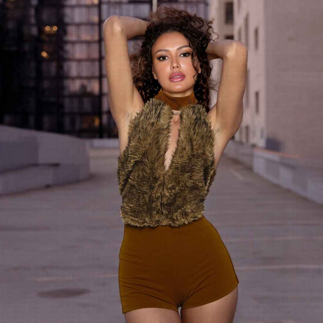 Sexy Fur Stitching Halter Cut out Backless Romper