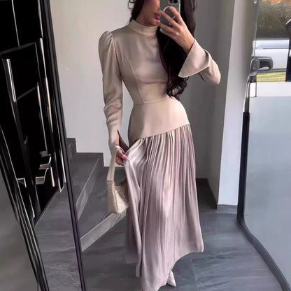 Women's New Color Contrast Patchwork Slim-fit Lace Up Long Sleeve Dress