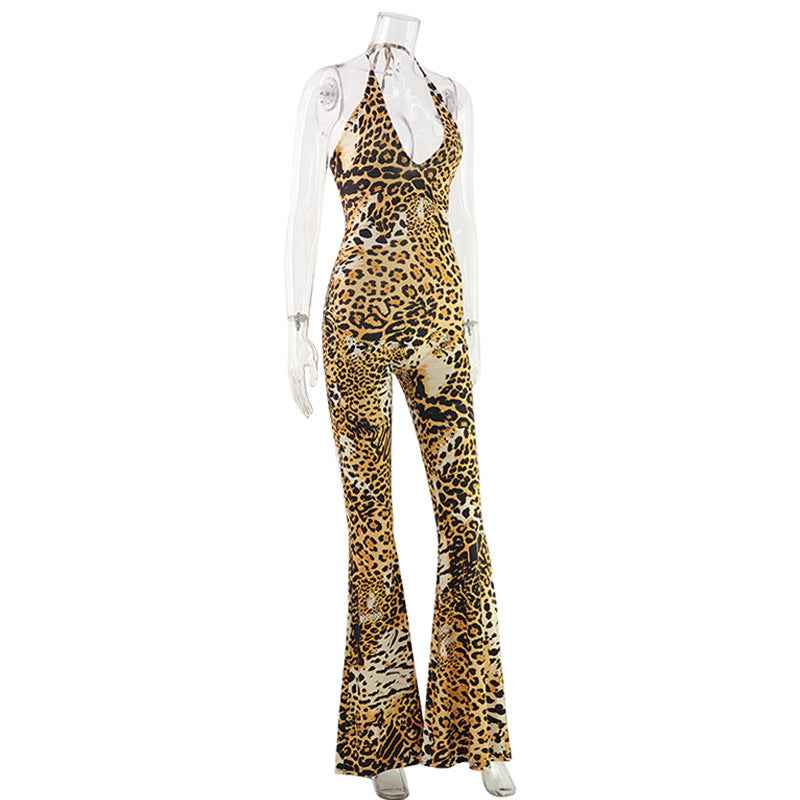Leopard Print Sexy Cross Halter Cutout out Bare Back Jumpsuit