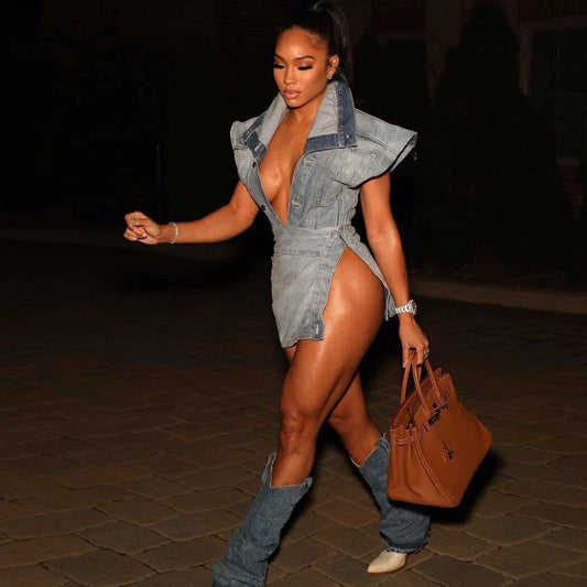 Casual Street Sleeveless High Slit Denim Skirt Set