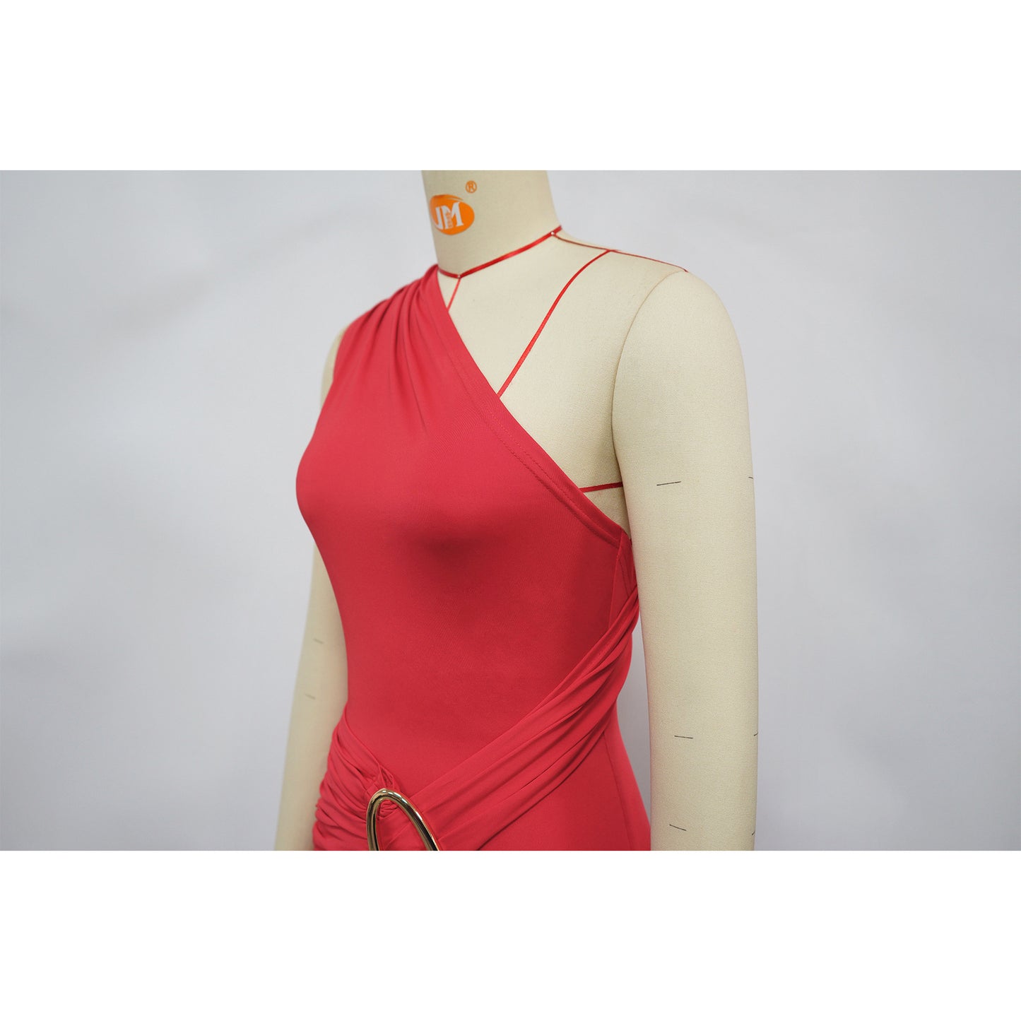 Women Metal Decoration Sexy Backless Dress One Shoulder Slim Dress