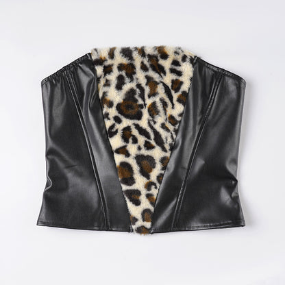 Leopard Fur Stitching Leather Hip Skirt Two Piece Set