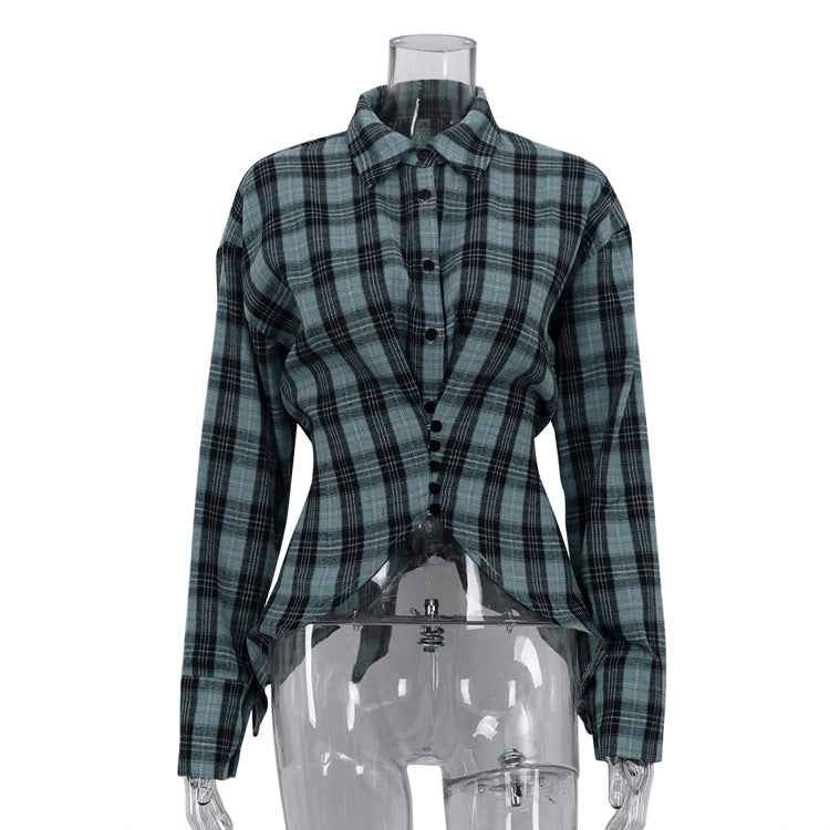 Retro Plaid Collared Long Sleeve Irregular Asymmetric Hem Cinched Blouse