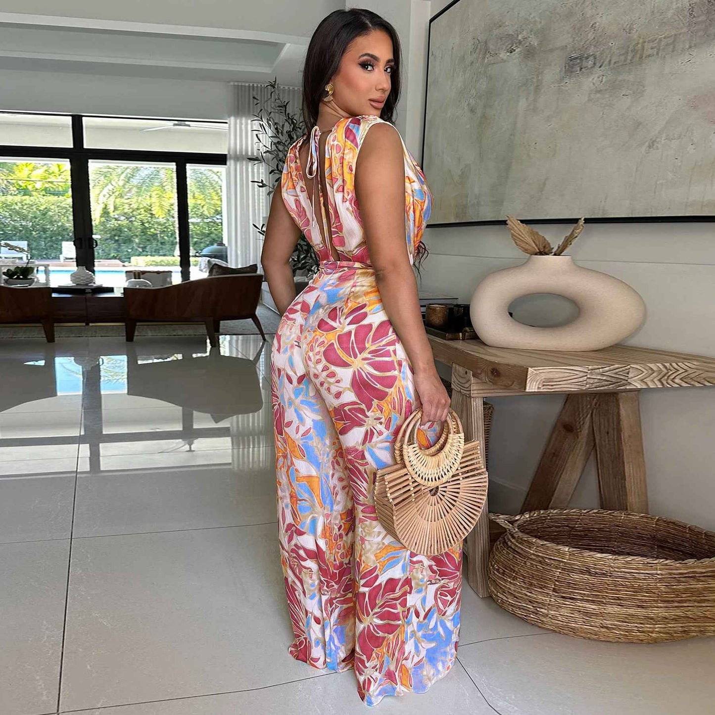 Sleeveless Lace up Wide Leg Printed Jumpsuit