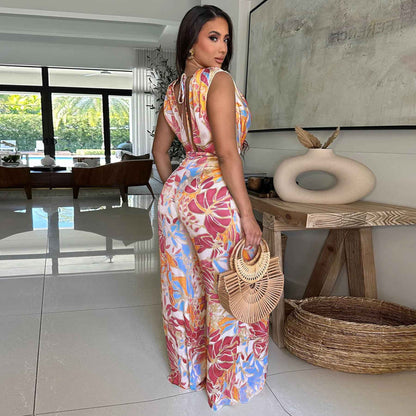 Sleeveless Lace up Wide Leg Printed Jumpsuit