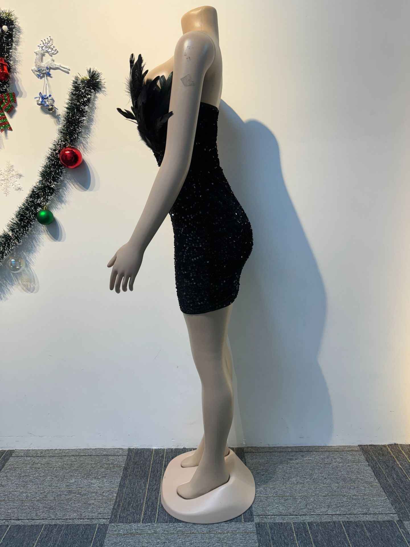 Sequin Deep V Plunge Feather Dress MUNSIEUR