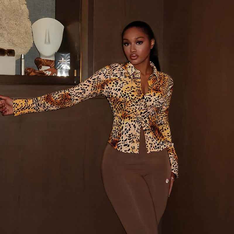 Leopard Print Slim Fit Button up Blouse