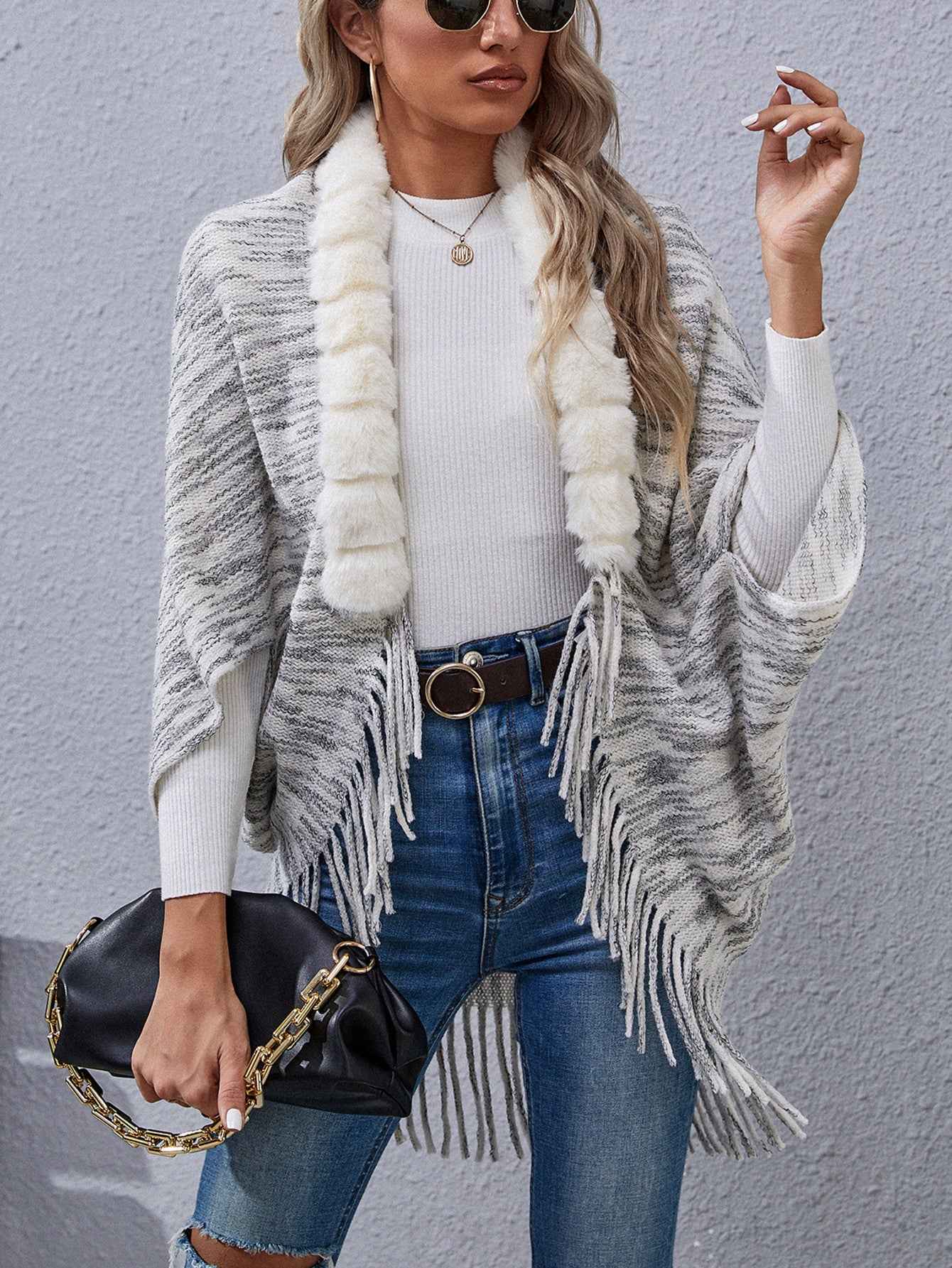 Fur Collar Fur Stitching Irregular Asymmetric Sweater