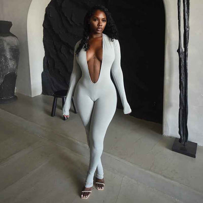 Backless Deep V Plunge Long Sleeve Solid Color Jumpsuit