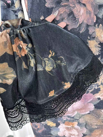 Retro Elegant Floral Print Lace Patchwork Flared Dress