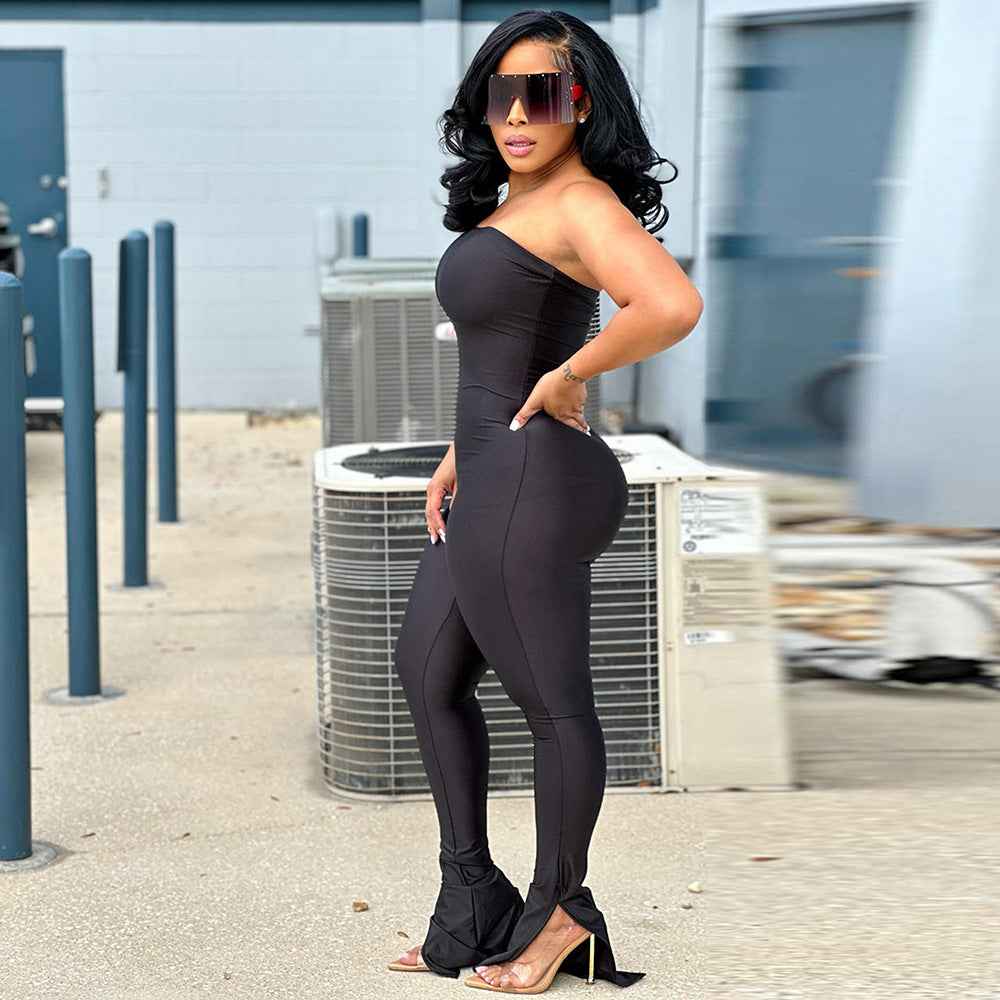 Women Clothing off Neck Stitching High Elastic Slit Slim Fitting Jumpsuit