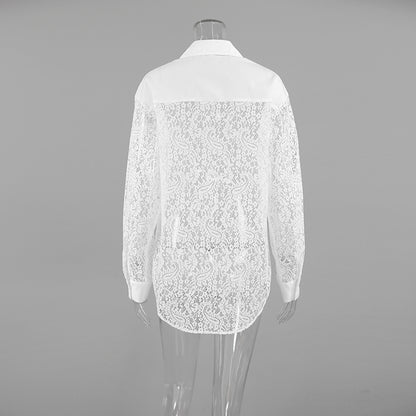 Lace Stitching Hollow Out Long Sleeve Collared Blouse