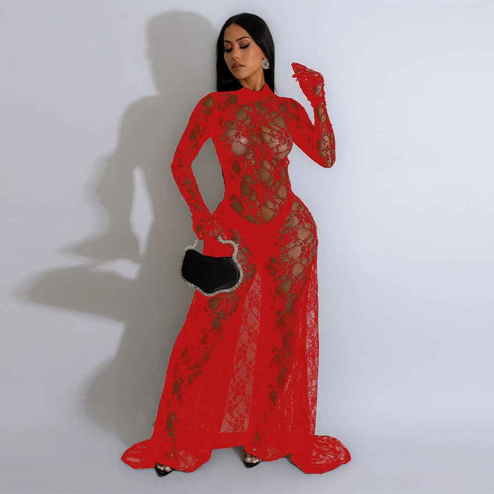 See through Lace Backless Lace up Jumpsuit