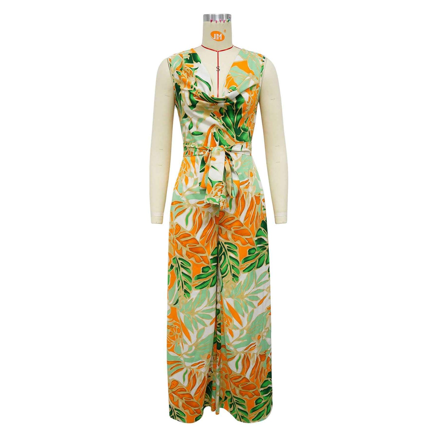 Sleeveless Lace up Wide Leg Printed Jumpsuit