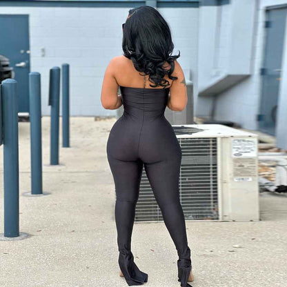 Women Clothing off Neck Stitching High Elastic Slit Slim Fitting Jumpsuit