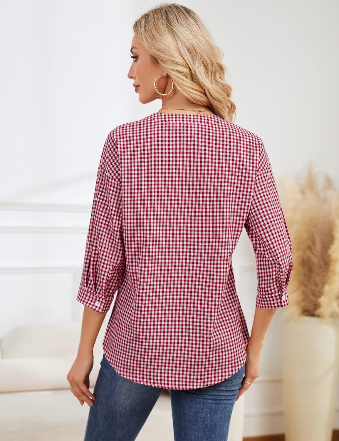 Half Open Collar Single Breasted Pleated Cropped Sleeve Blouse