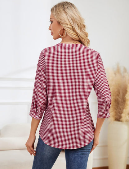 Half Open Collar Single Breasted Pleated Cropped Sleeve Blouse