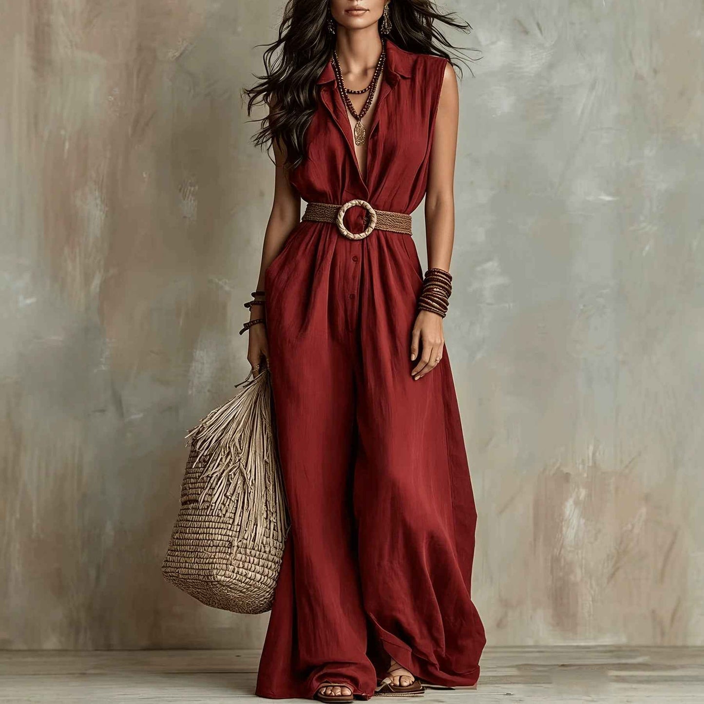 Women's Linen Summer Casual Sleeveless Jumpsuit with Buckle